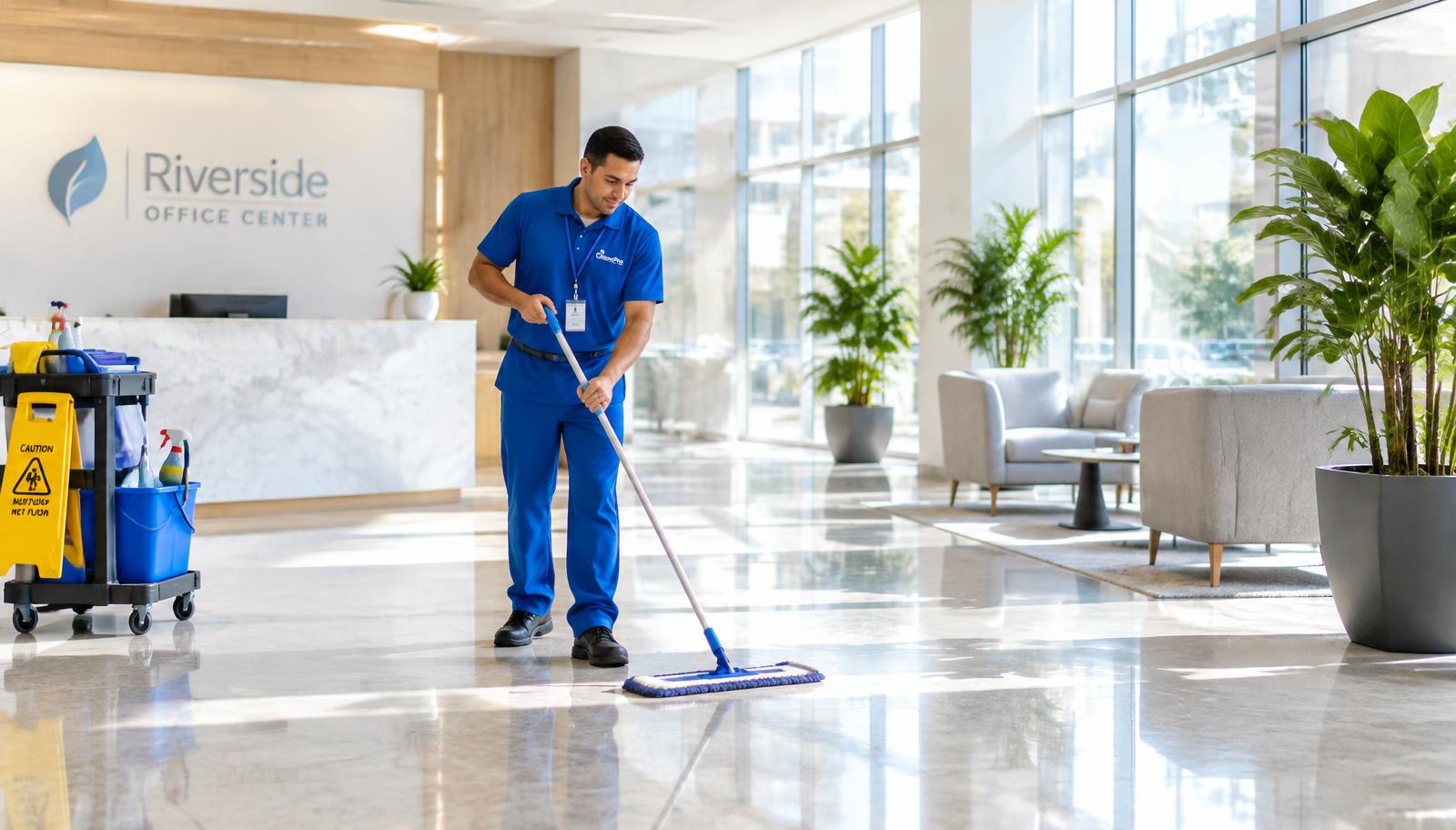 Cleaning a modern office lobby